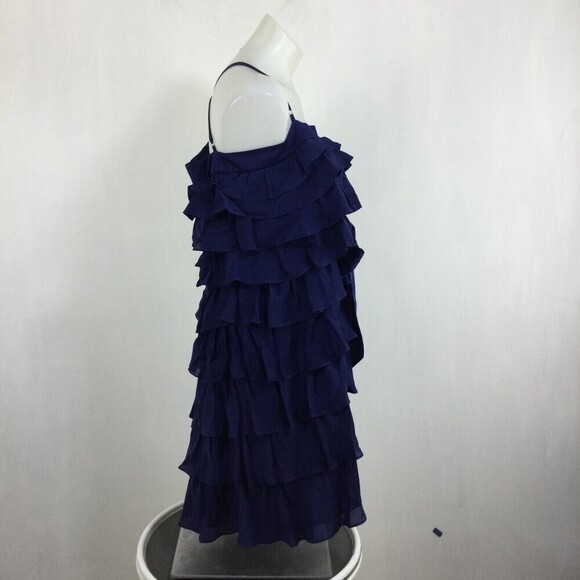 Anthropologie Va Et Vien Silk Spaghetti Cross Back Party Ruffle Dress Blue 14 - Picture 3 of 11